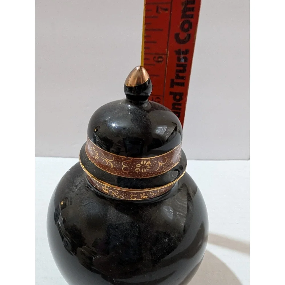 Vintage Japanese Black Ginger Jar with Lid Gold Floral Bird Design 7 Inch